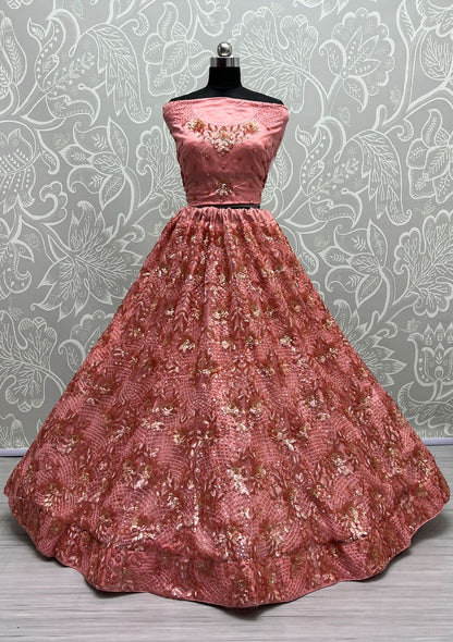 Peach Pink Pure Soft Heavy Net Sequins Embroidery Work Bridal Lehenga 
