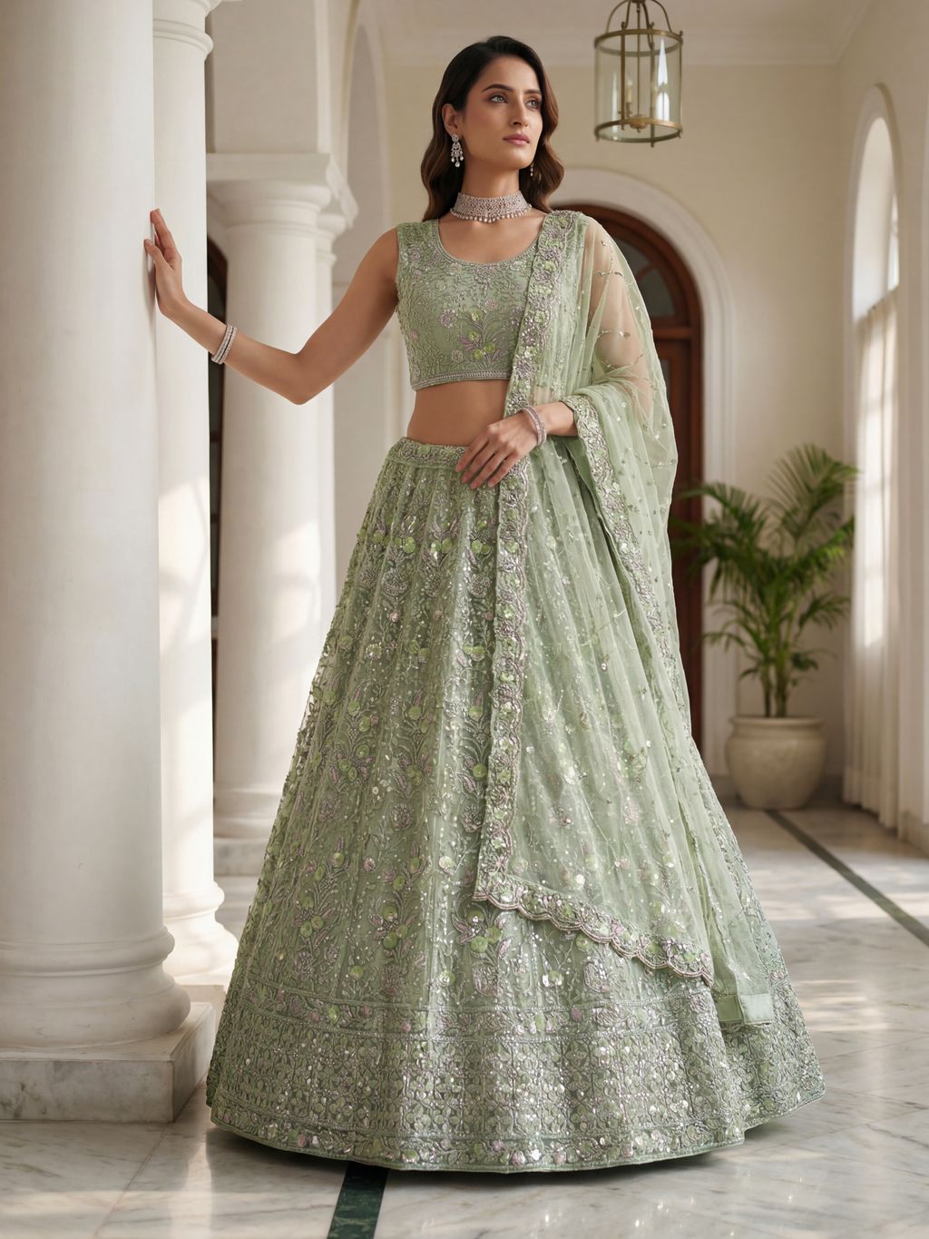 Pista Pure Soft Net Heavy Embroidery Work Bridal Lehenga 