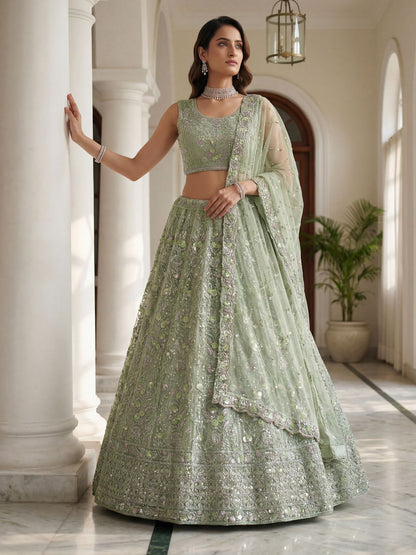 Pista Pure Soft Net Heavy Embroidery Work Bridal Lehenga 