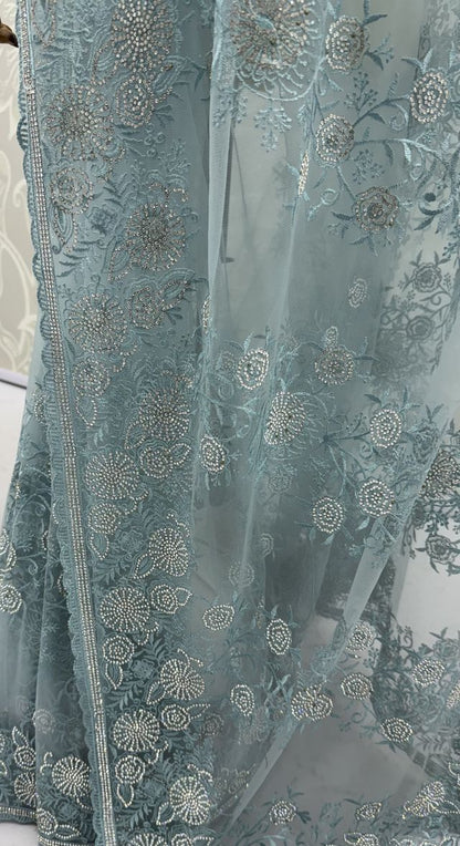 Sky Pure Premium Net Handwork Kasti &amp; Motif Zari Metallic Sequins Work Wedding Saree