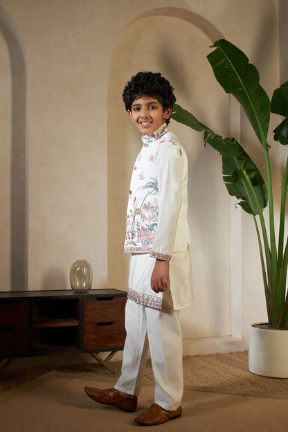 White Pure Viscose Silk Silk Kids Boy Kurta Pajama With Koti Jacket 