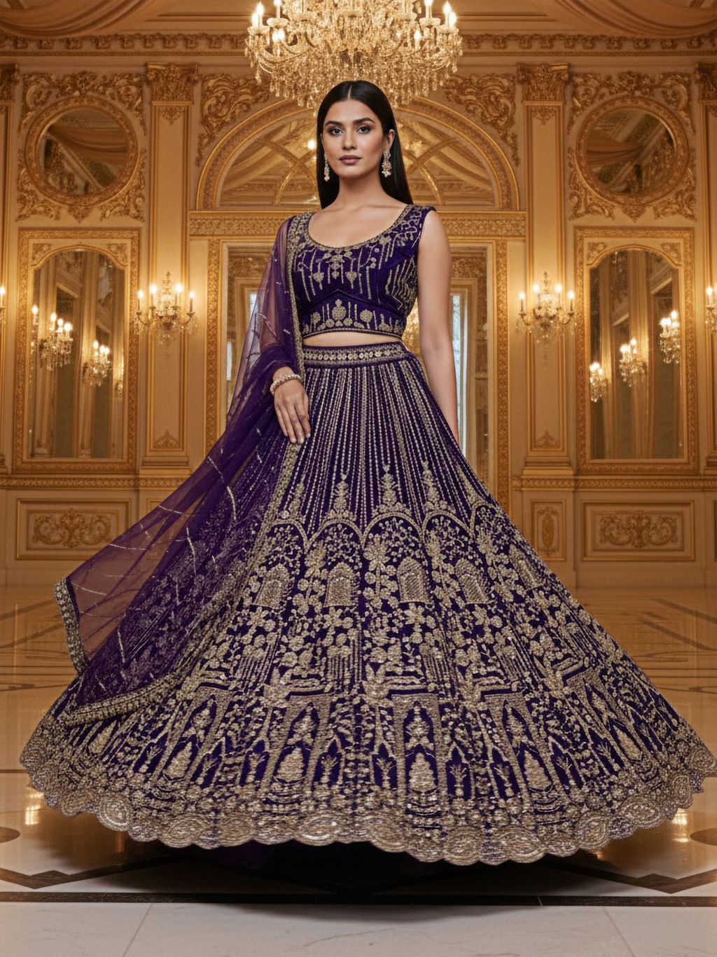 Violet Pure Soft Net Heavy Embroidery Work Bridal Lehenga