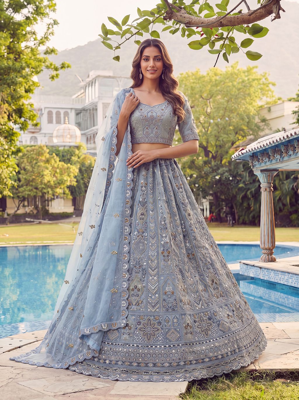 Sky Pure Soft Heavy Net Fancy Embroidery Work Bridal Lehenga Choli