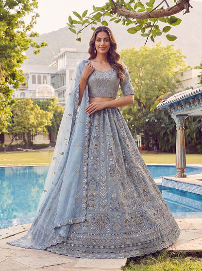 Sky Pure Soft Heavy Net Fancy Embroidery Work Bridal Lehenga Choli