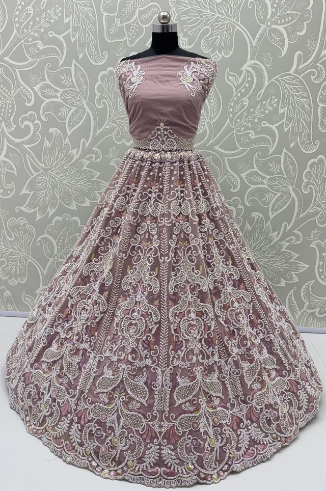 Lilac Pure Heavy Net Motif Handwork Zari Sequins Work Bridal Lehenga Choli