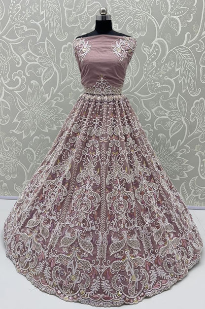 Lilac Pure Heavy Net Motif Handwork Zari Sequins Work Bridal Lehenga Choli