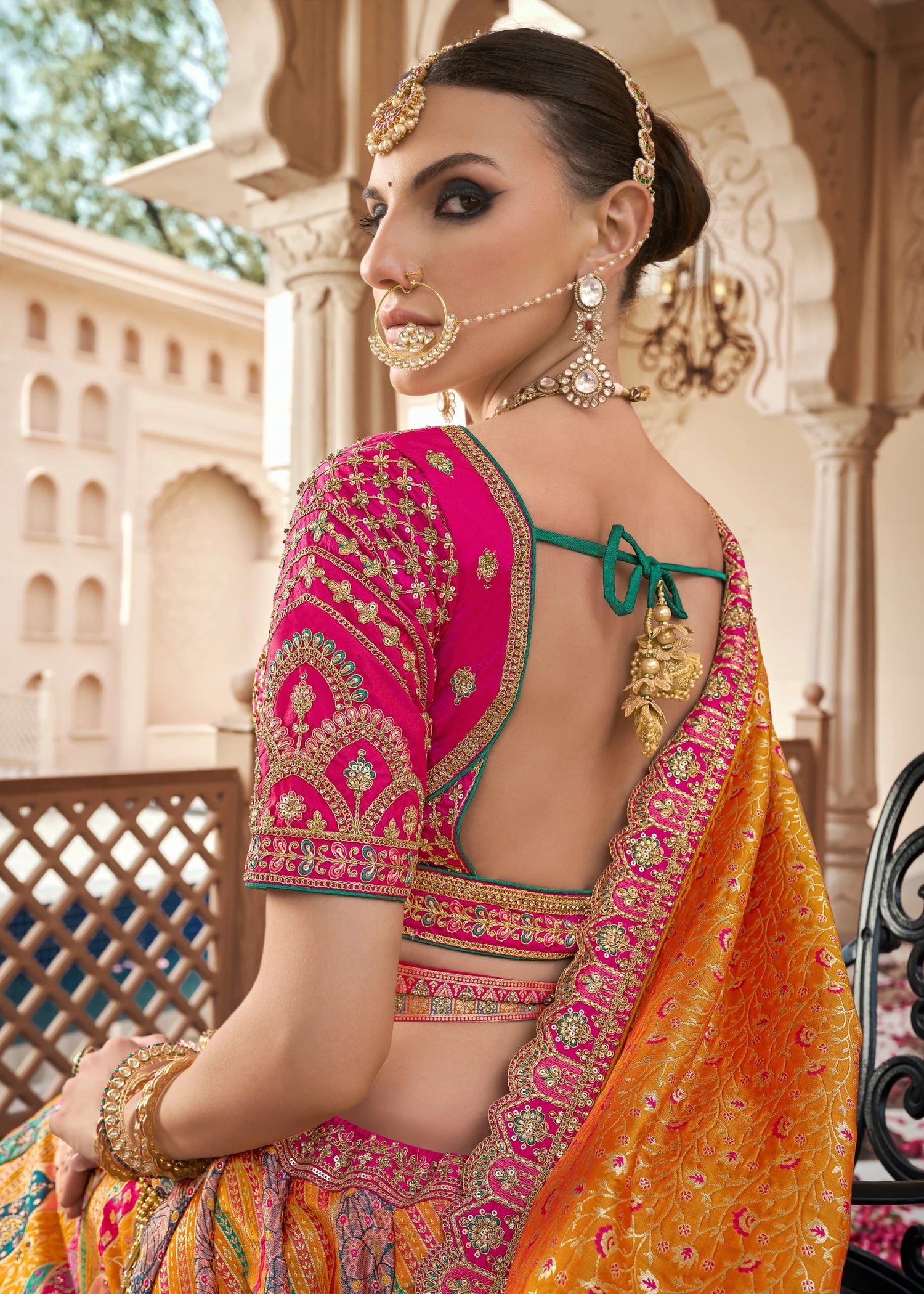 Orange Pink Banarasi Silk Lehenga Choli with Zarkan Work