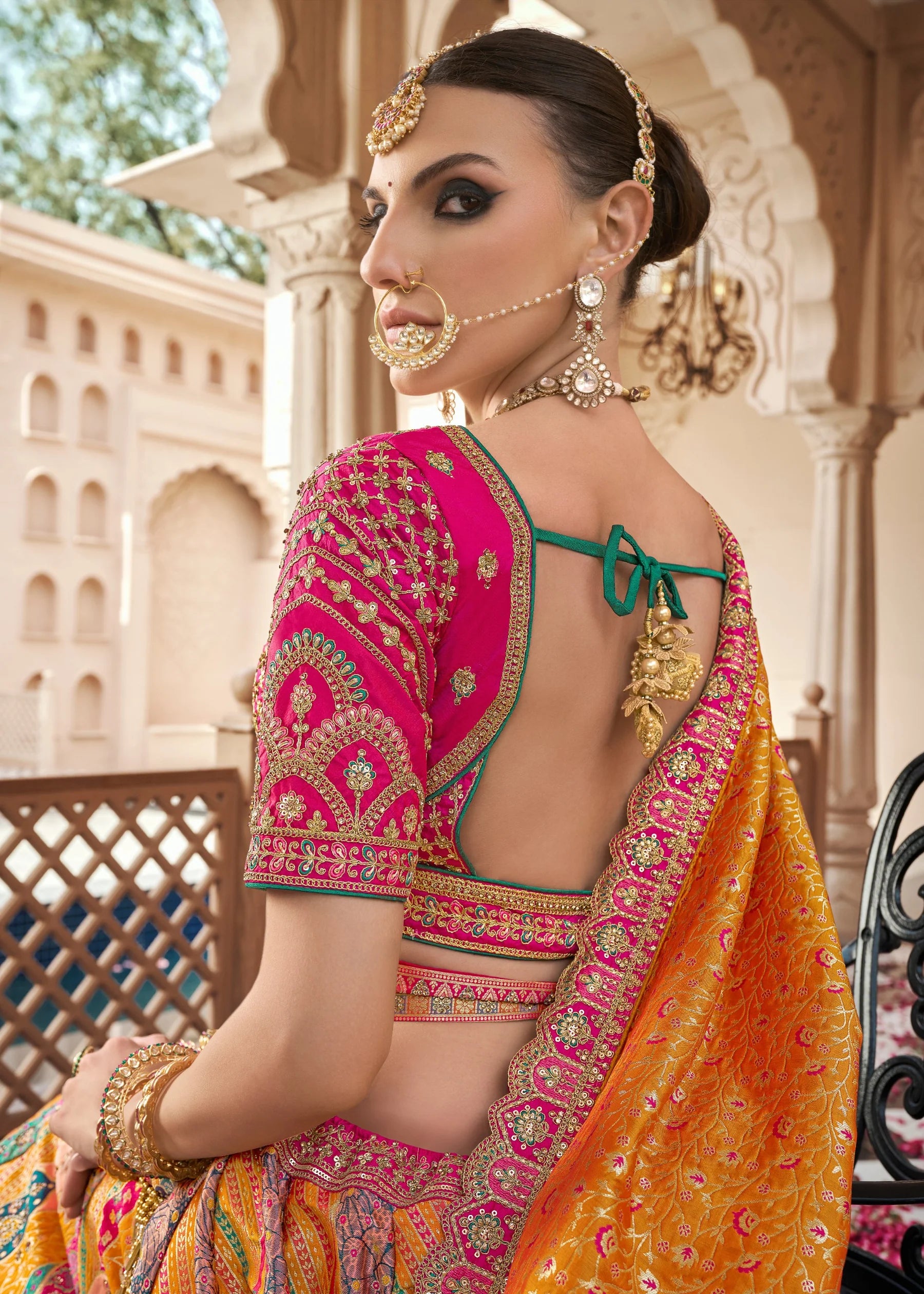 Orange Pink Banarasi Silk Lehenga Choli with Zarkan Work