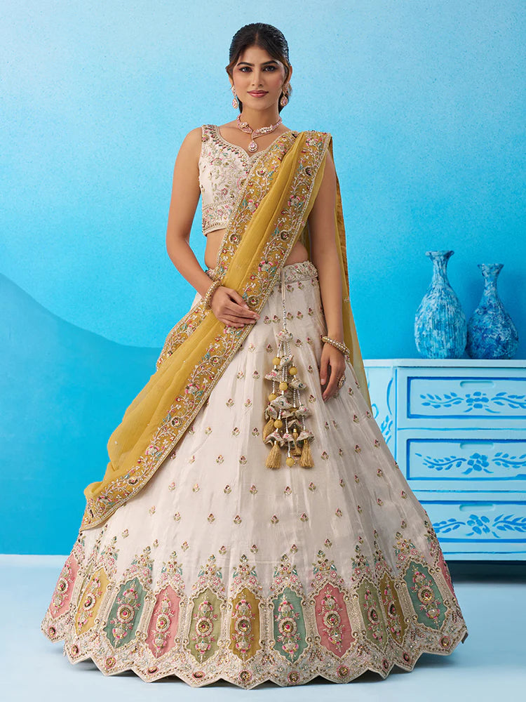 Cream Yellow Tissue Silk Sequins Embroidered Lehenga Choli with Dupatta 
