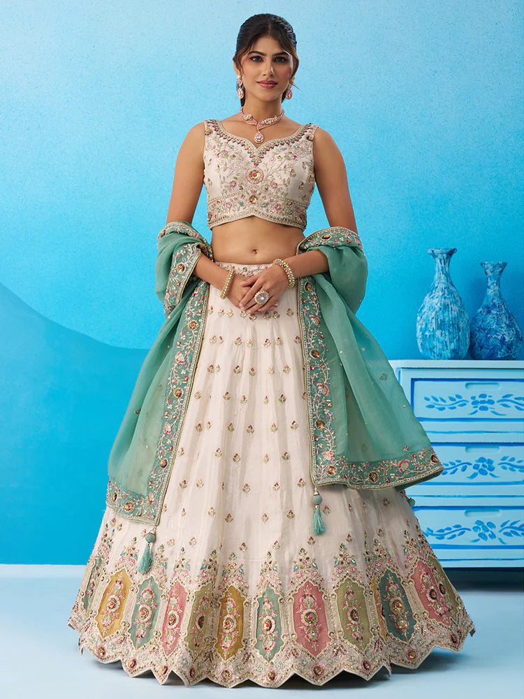 Cream Green Tissue Silk Sequins Embroidered Lehenga Choli with Dupatta
