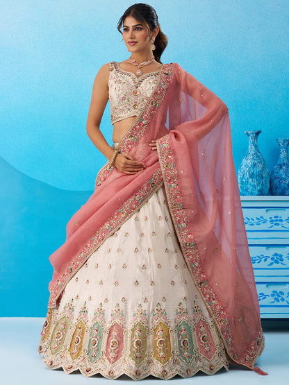 Cream Pink Tissue Silk Sequins Embroidered Lehenga Choli with Dupatta