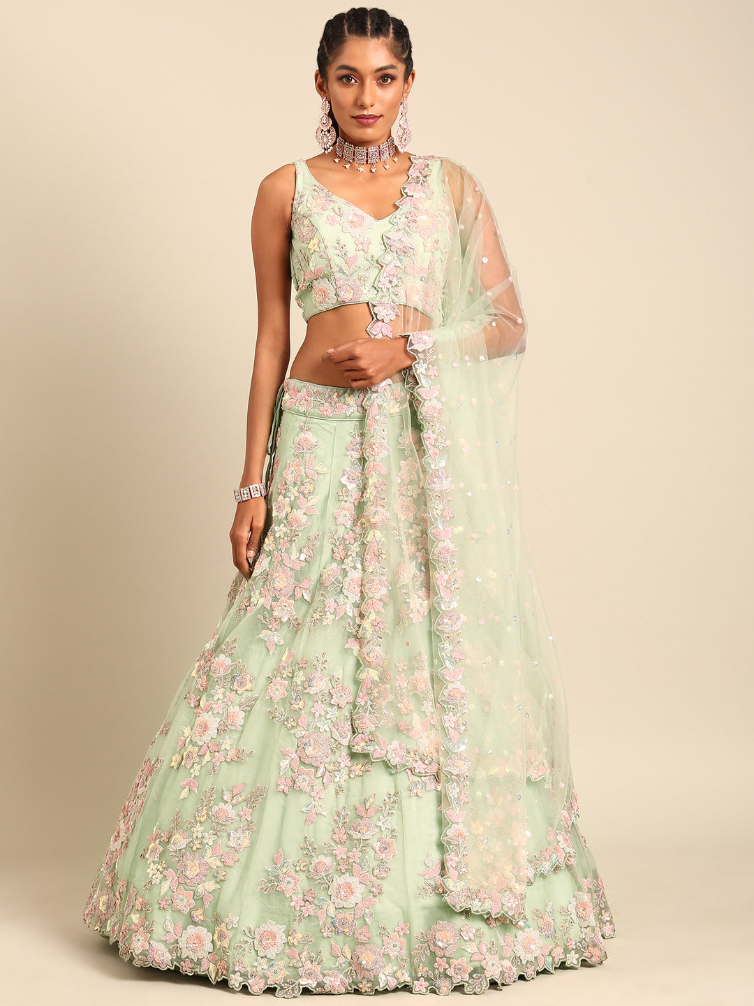 Lime Green Net Floral Sequins with Heavy Zarkan Embroidery Lehenga Choli &amp; Dupatta

