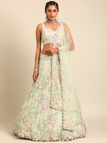 Lime Green Net Floral Sequins with Heavy Zarkan Embroidery Lehenga Choli &amp; Dupatta
