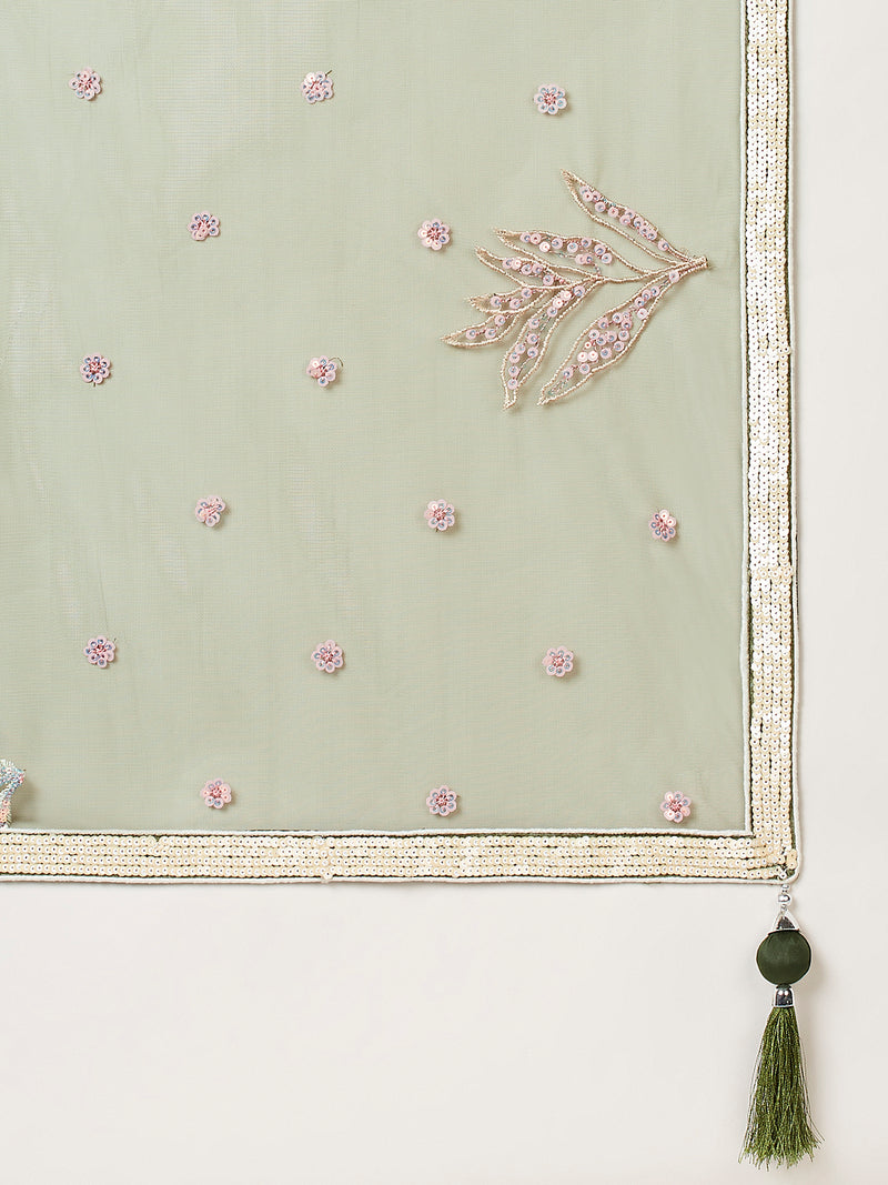 Olive Floral Net Sequin Work Lehenga & Unstitched Blouse with Dupatta