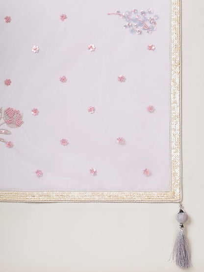 Mauve Floral Net Sequin Work Lehenga &amp; Unstitched Blouse with Dupatta
