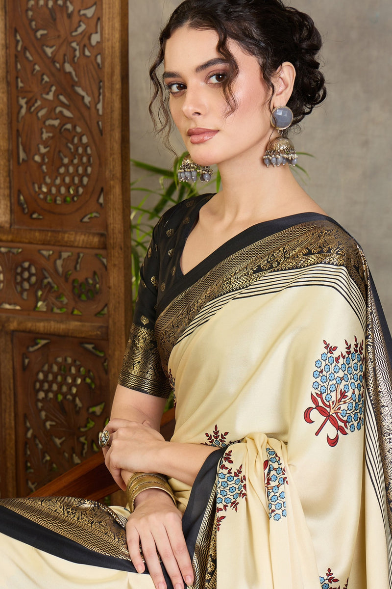 Cream & Black Semi Modal Printed Saree with Gold Zari Border ##color##  with premium fabric and embroidery
