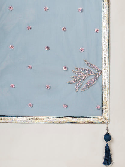 Navy Blue Floral Net Sequin Work Lehenga &amp; Unstitched Blouse with Dupatta