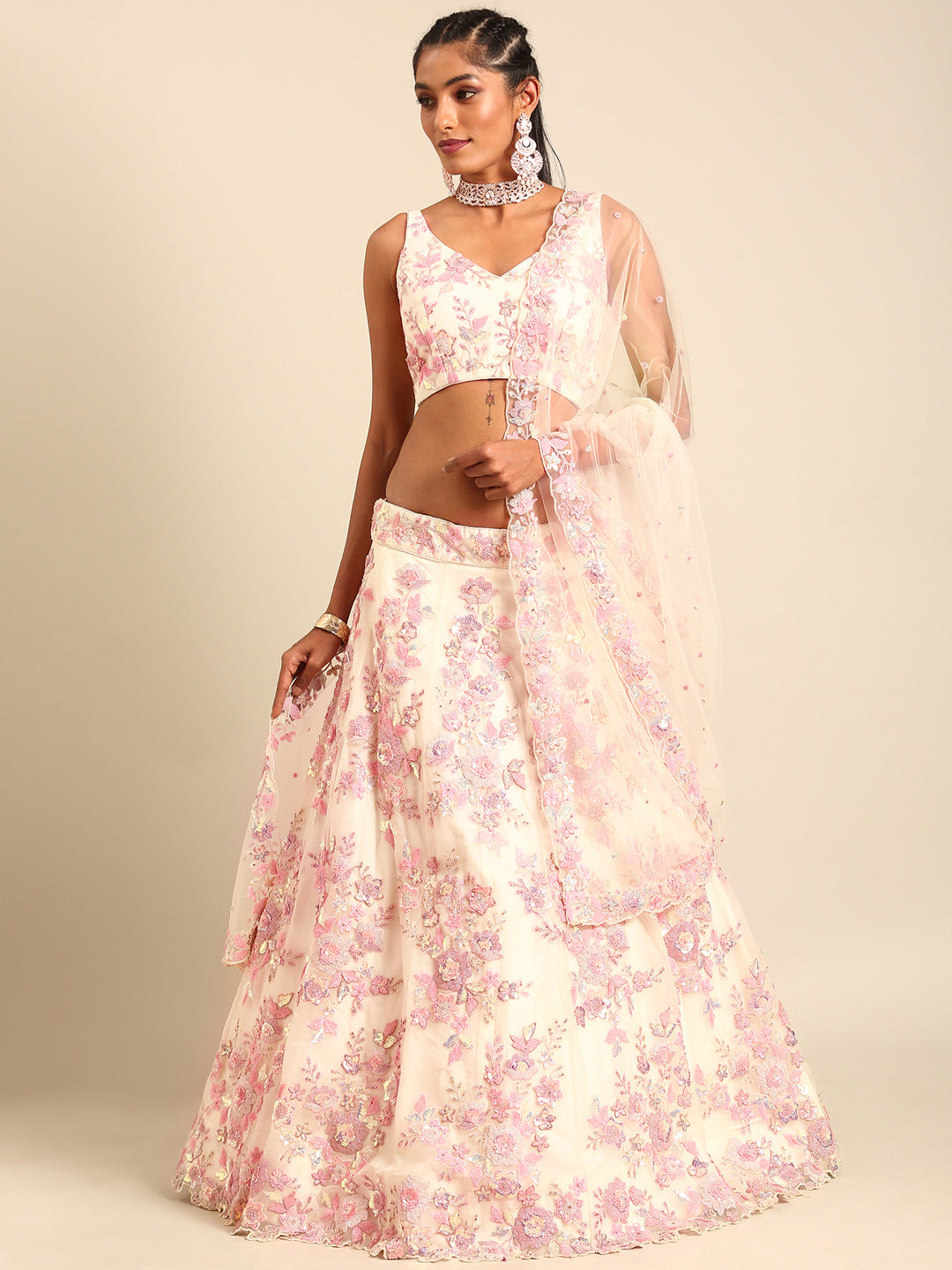 Cream Net Floral Sequins with Heavy Zarkan Embroidery Lehenga Choli &amp; Dupatta