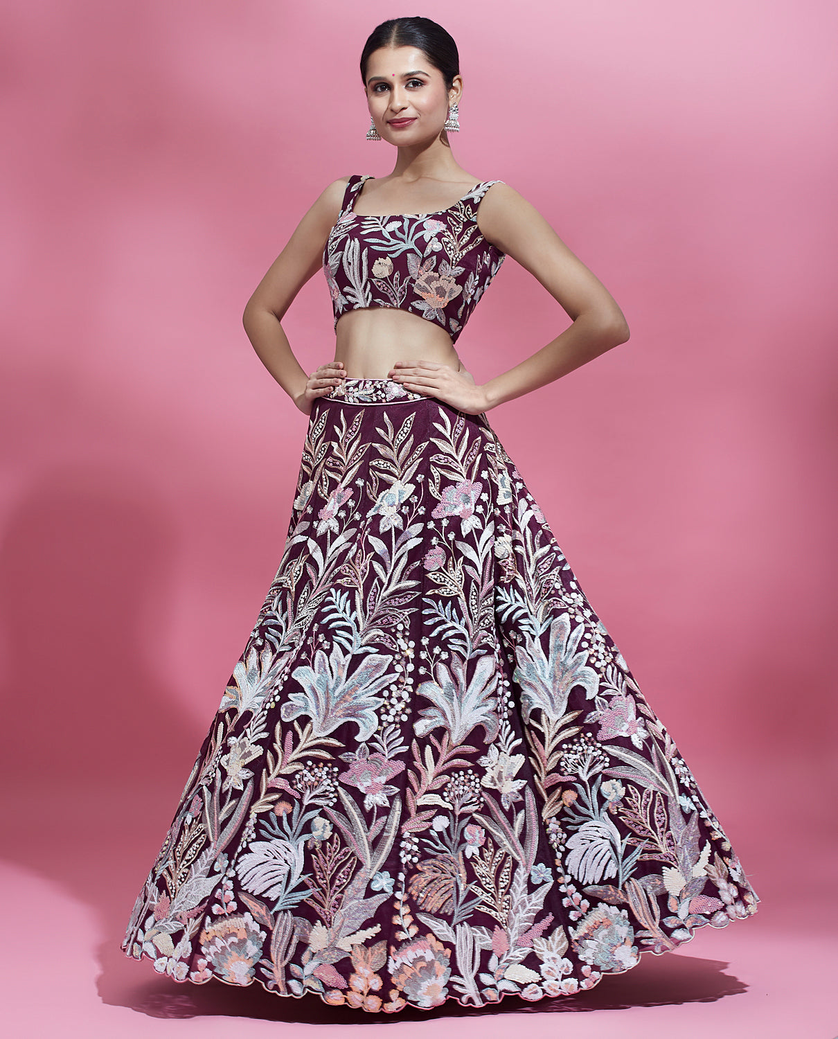 Burgundy Net Sequence Work Floral Lehenga &amp; Blouse with Dupatta
