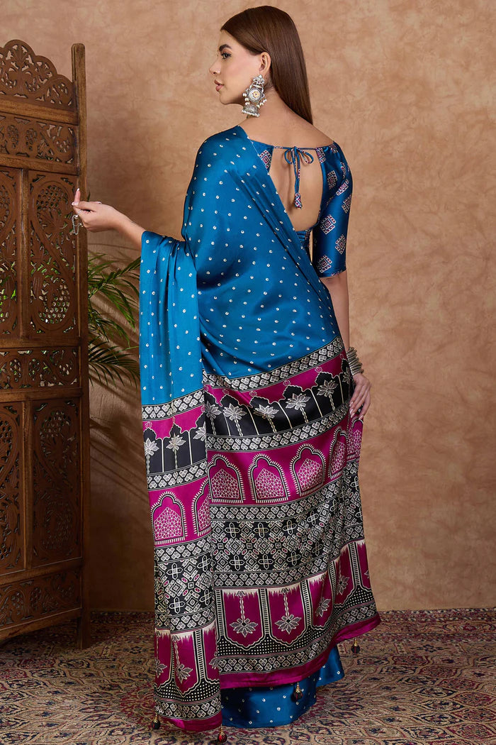 Royal Blue Satin Ajrakh Printed Party Wear Saree with Polka Dot Design 
