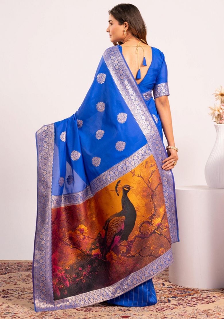 Blue Pure Soft Banarasi Silk Zari Woven Saree ##color## Banarasi Saree with premium fabric and embroidery