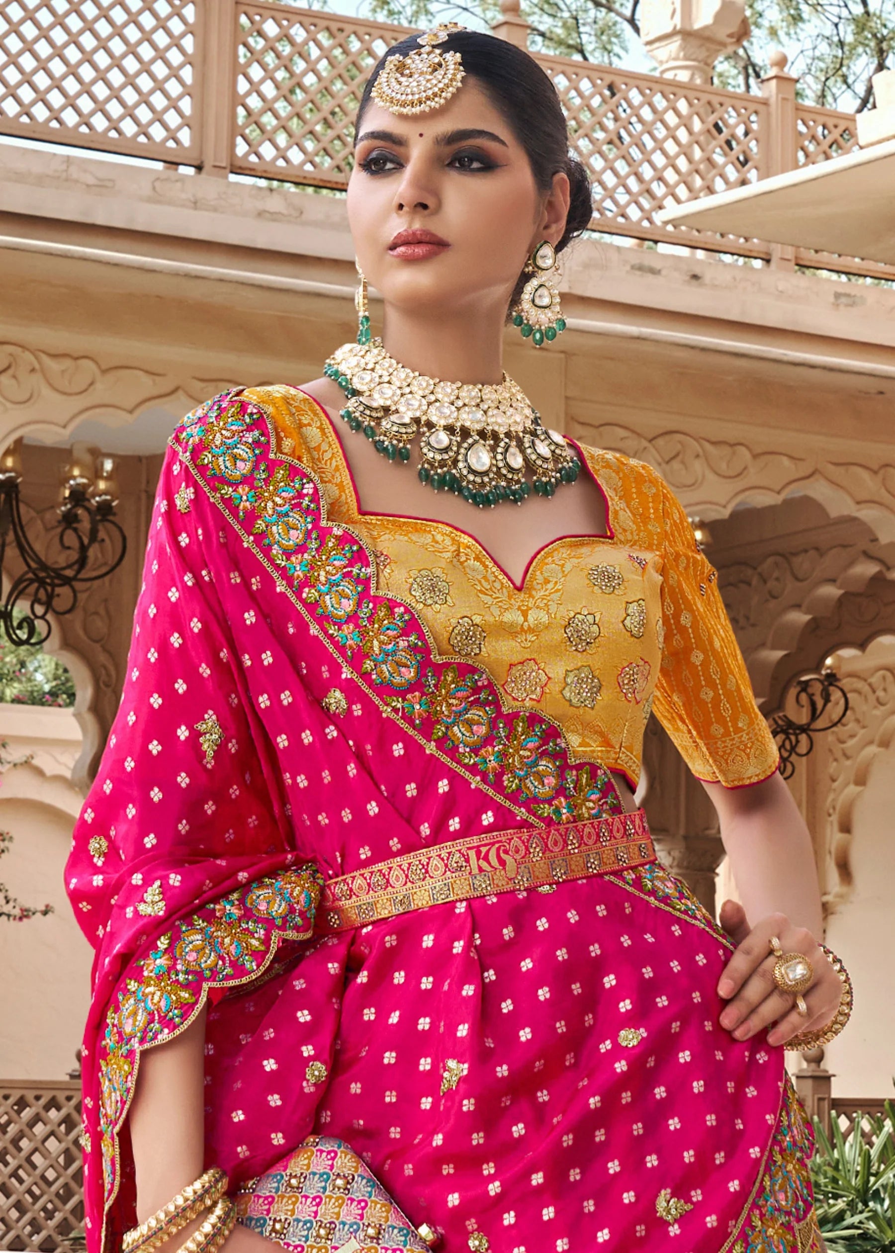 Rani Pink &amp; Yellow Banarasi Silk Lehenga Choli with Zarkan Work