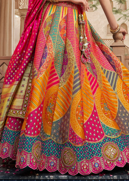 Yellow &amp; Pink Banarasi Silk Lehenga Choli with Zarkan Work