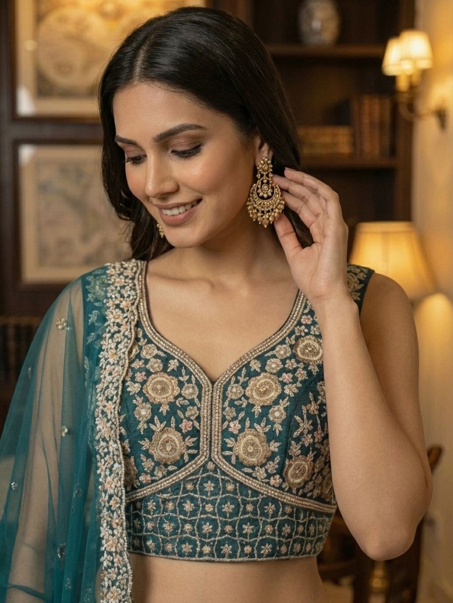 Firozi Pure Soft Net Heavy Embroidery Work Bridal Lehenga