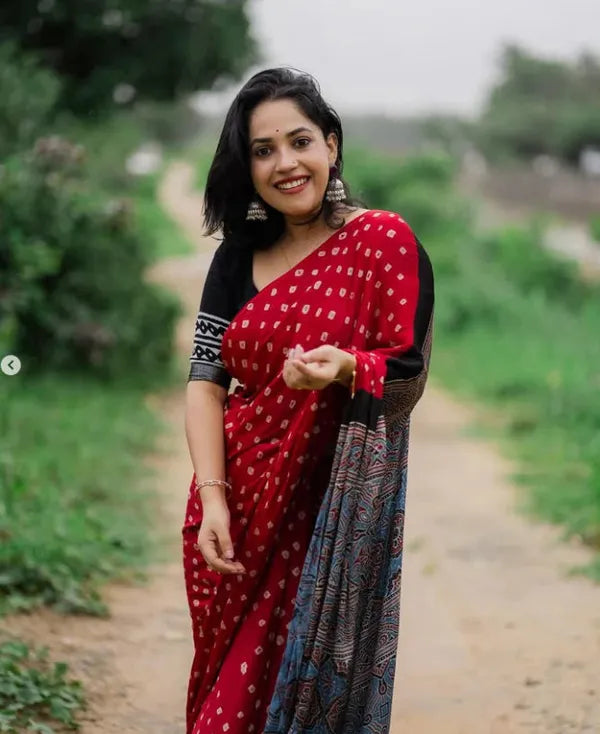 Red Pure Modal Gaji Silk Bandhani Ajrakh Print Langdi Patta Saree