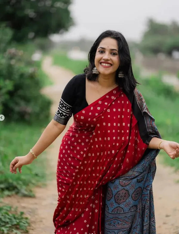 Red Pure Modal Gaji Silk Bandhani Ajrakh Print Langdi Patta Saree