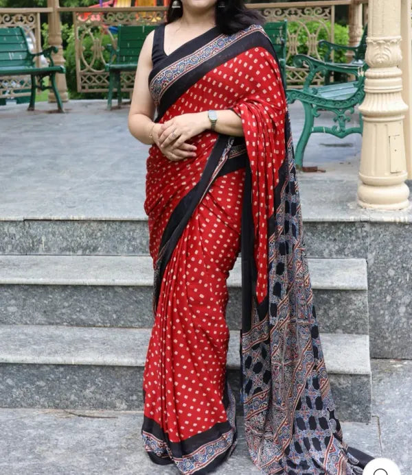 Red Pure Modal Gaji Silk Bandhani Ajrakh Print Langdi Patta Saree