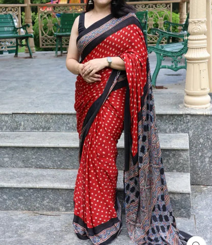 Red Pure Modal Gaji Silk Bandhani Ajrakh Print Langdi Patta Saree