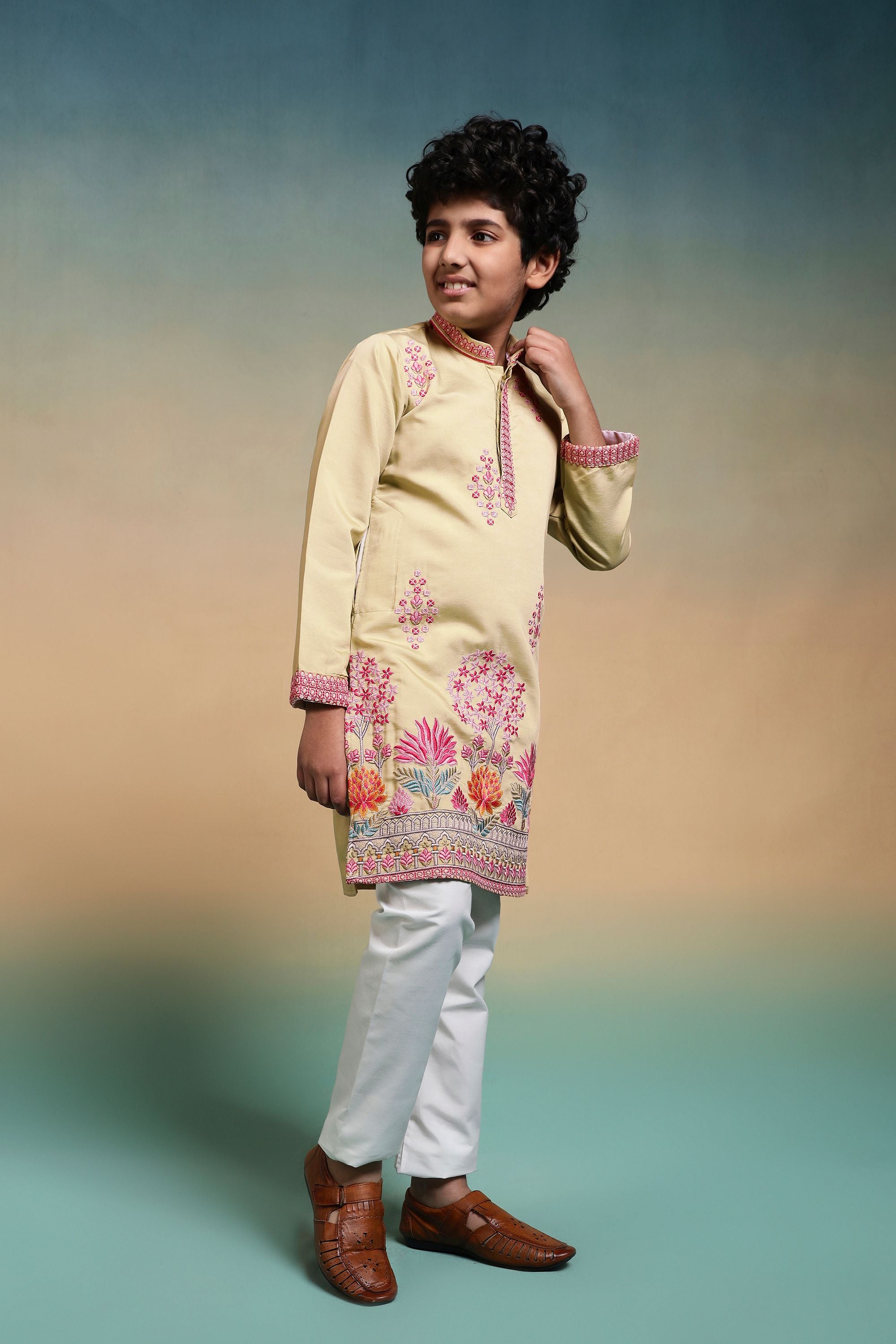 Yellow Pure Viscose Silk Kids Boy Kurta Pajama 
