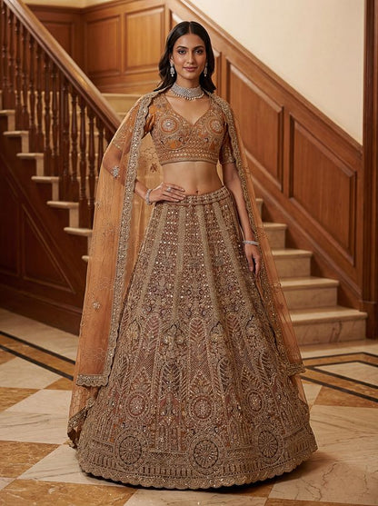 Orange Pure Soft Heavy Net Sequins Embroidery Work Bridal Lehenga 