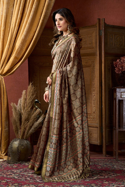 Forest Green Pure Cluster Silk Ajarkh Digital Printed Saree 