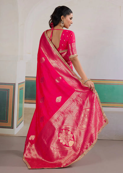 Pink Woven Banarasi Satin Silk Saree Japan Satin Saree Anant Tex Exports Pvt.Ltd..