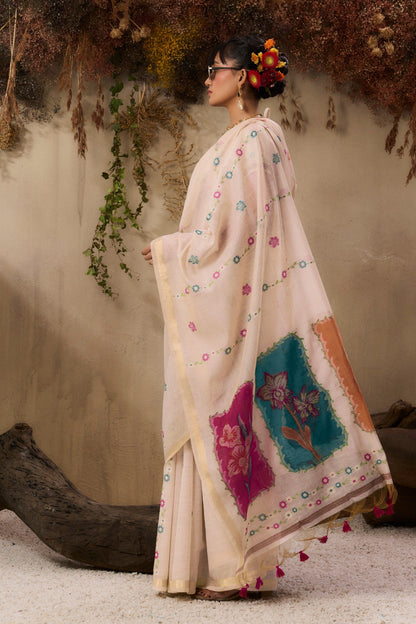 Cream Pure Soft Handloom Muga Cotton Saree 