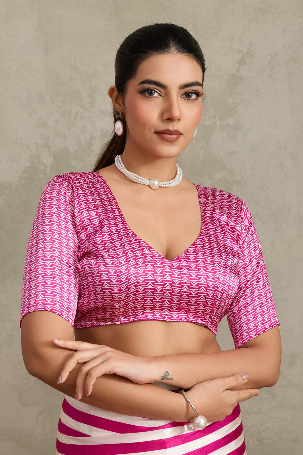 Neon Pink Pure Soft Modal Satin Ajrakh Print Satin Saree Japan Satin Saree Anant Tex Exports Pvt.Ltd..