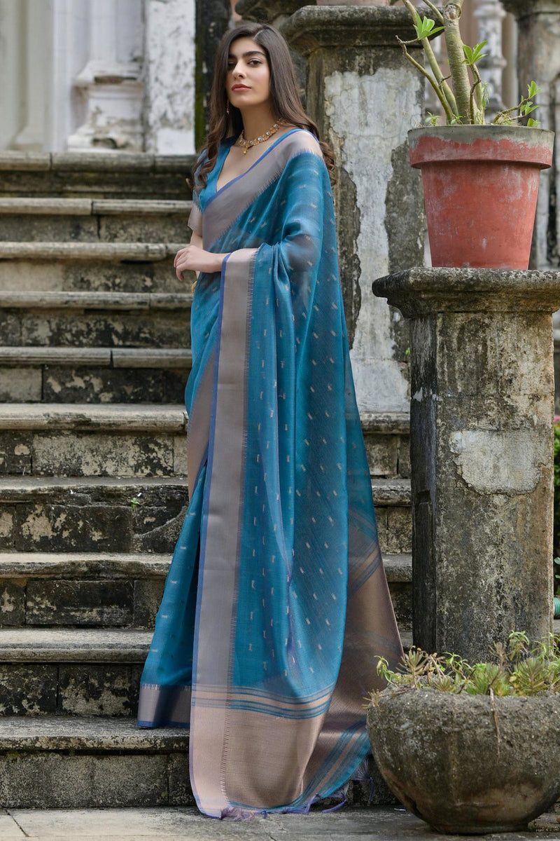 Cyan Blue Pure Soft Kalyani Silk Saree