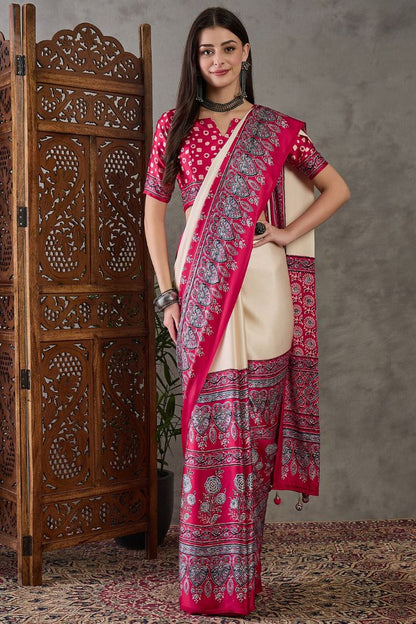 Cream and Red Pure Soft Modal Satin Ajrakh Print Satin Saree Japan Satin Saree Anant Tex Exports Pvt.Ltd..