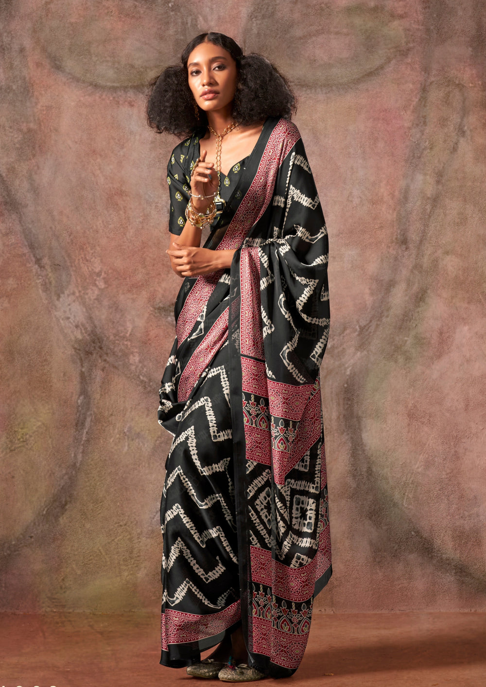 Black Raisins Ajrakh Printed Satin Georgette Silk Saree 