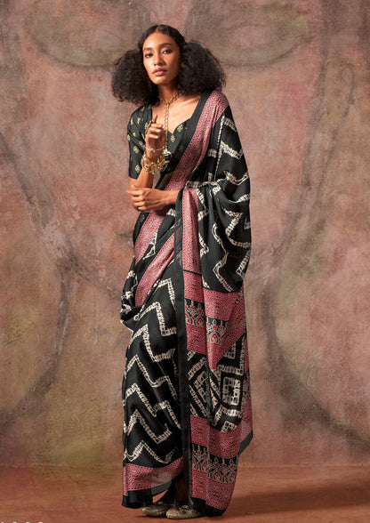 Black Raisins Ajrakh Printed Satin Georgette Silk Saree 