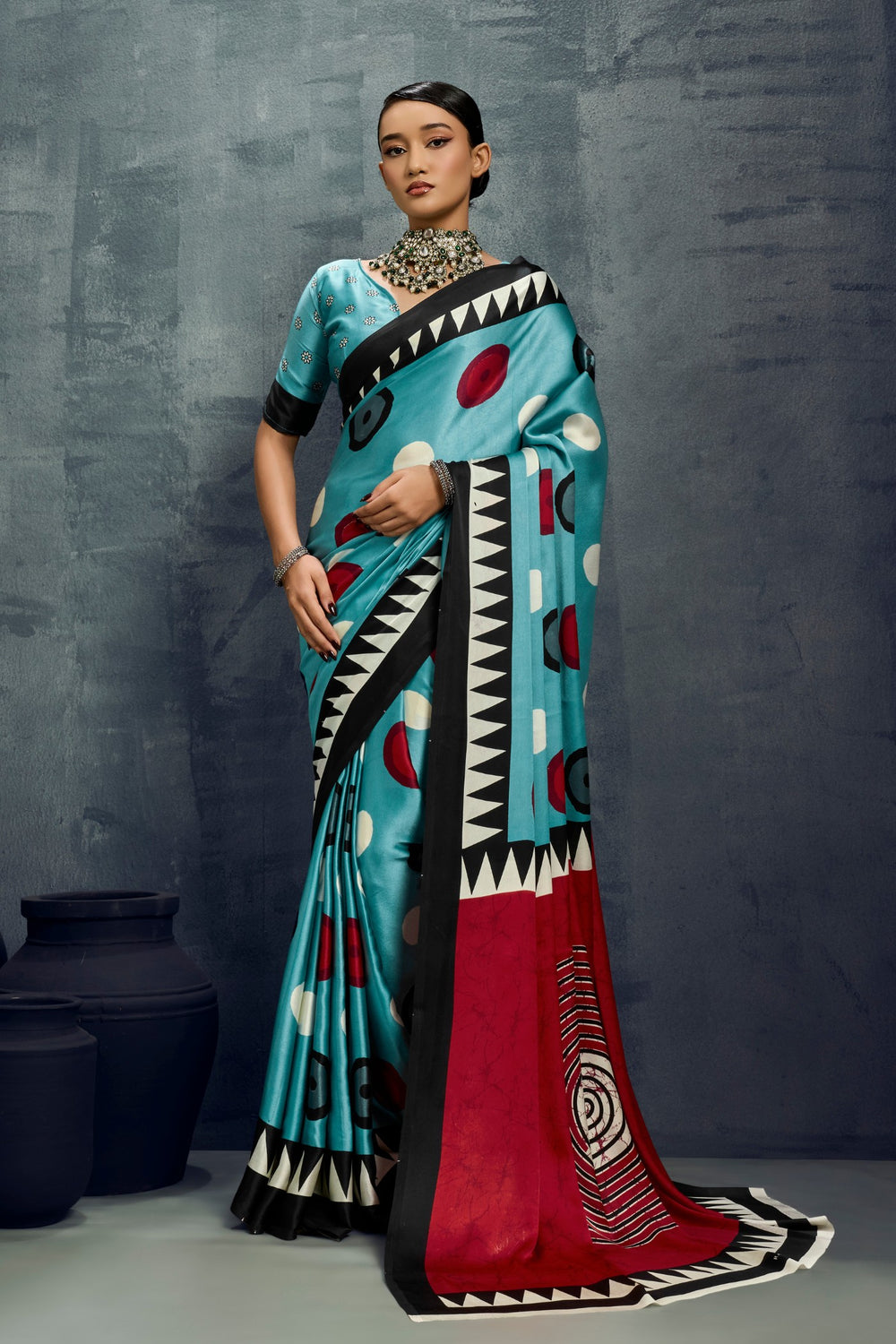 Blue Ajrakh Printed Satin Crepe Silk Saree ##color## Japan Satin Saree with premium fabric and embroidery