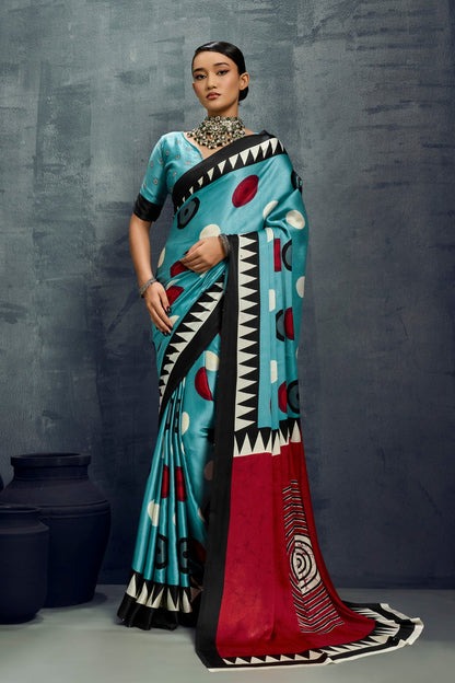 Blue Ajrakh Printed Satin Crepe Silk Saree 