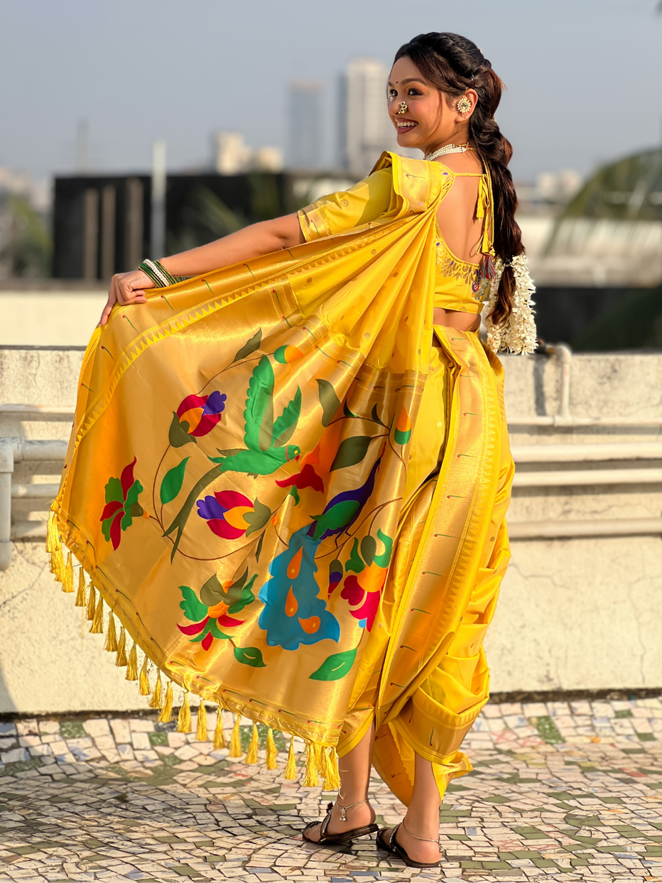 Yellow Wedding Special Nauvari Paithani Soft Silk Saree 