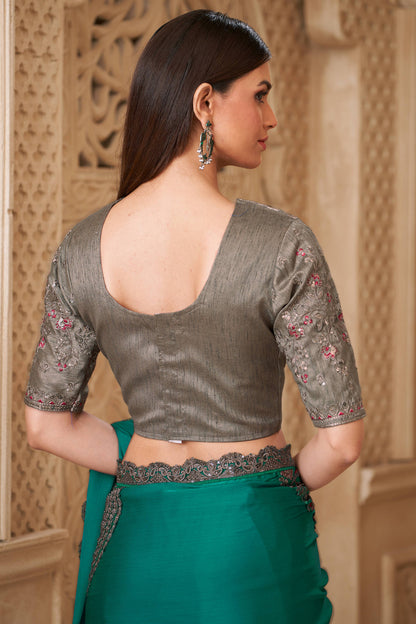 Rama Green Pure Soft Satin Elegant Embroidered Work Satin Saree 