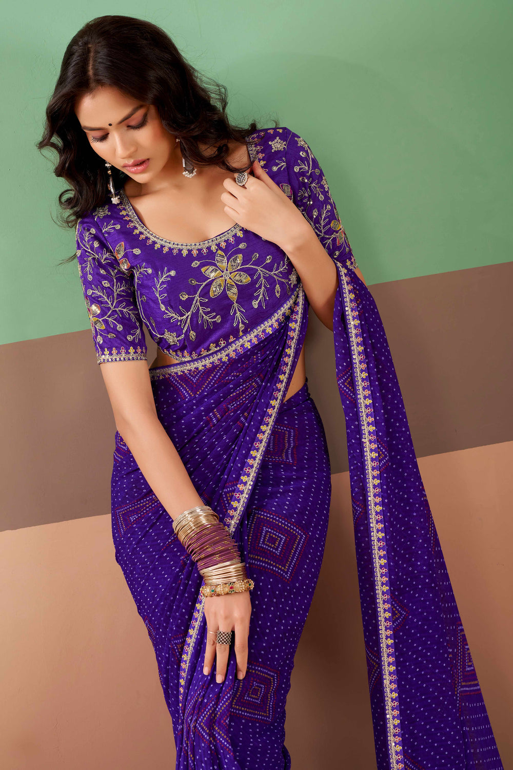 Purple Pure Georgette Chiffon Bandhani Print Saree