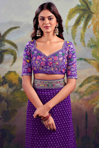 Purple Bandhani Printed Georgette Saree With Embroidered Border 