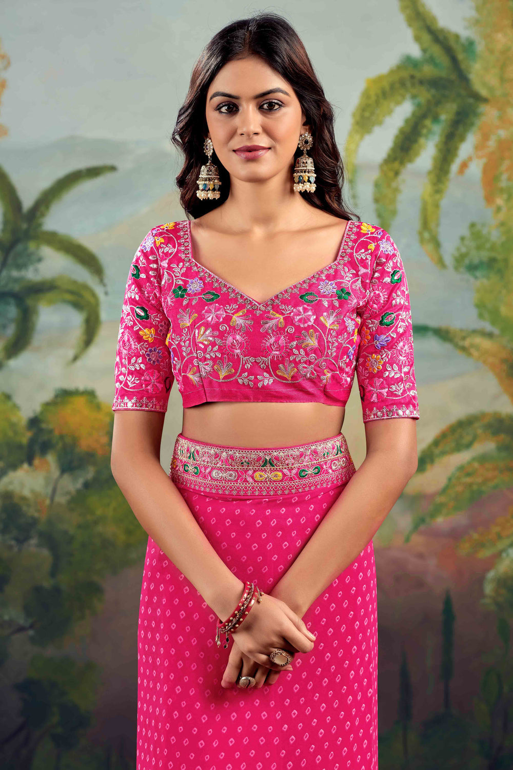 Pink Bandhani Printed Georgette Saree With Embroidered Border 