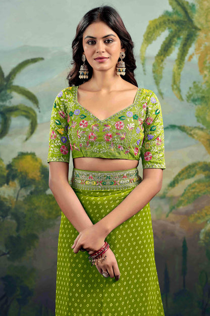 Green Bandhani Printed Georgette Saree With Embroidered Border 